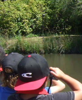 boys using binoculars to look at a black wetland bird