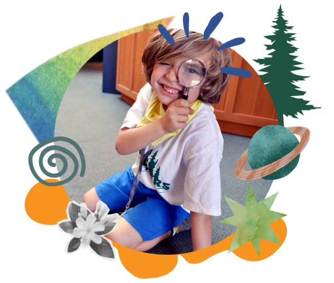 Kid holding magnifying glass with a collage of clip art