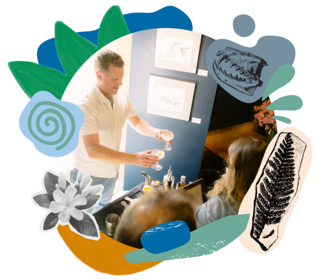 A man serving drinks with a collage of clip art around the image